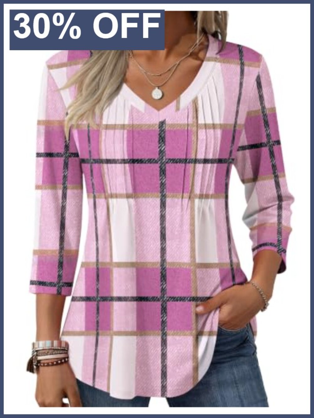 Womens 3/4 Sleeve V Neck Pleated Boho Floral Blouse Tunic Top